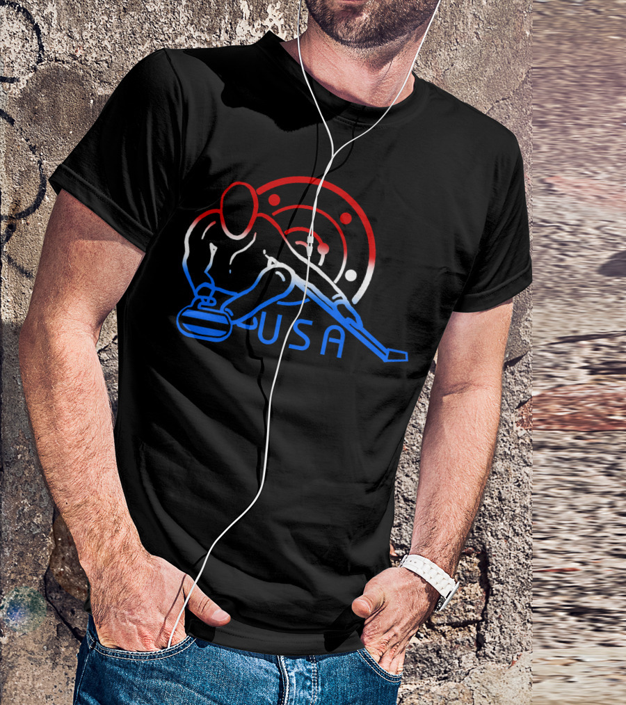 USA Curling Stone Player With Target In Red White And Blue T-Shirt