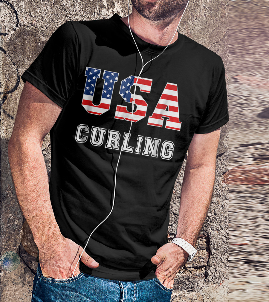 USA Curling American Flag Patriotic Novelty T-Shirt