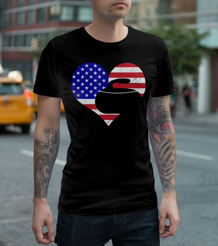 USA Flag Heart Curling Love T-Shirt