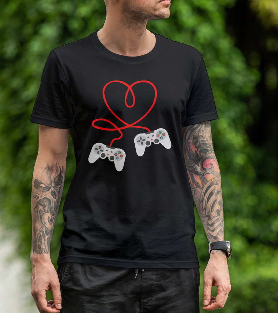 Video Gamer Valentine's Day Heart-Shaped Controller Cables T-Shirt