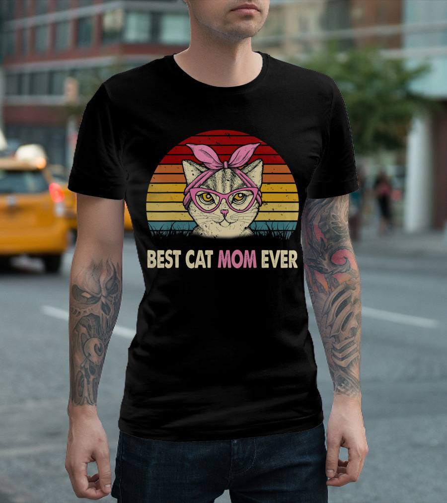 Best Cat Mom Ever Vintage Retro Cat Mama With Glasses And Headscarf T-Shirt