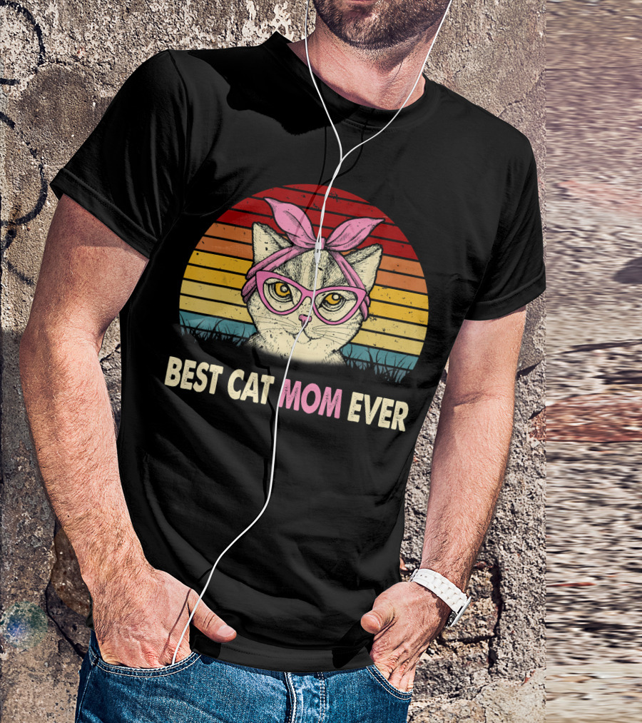 Best Cat Mom Ever Vintage Retro Cat Mama With Glasses And Headscarf T-Shirt