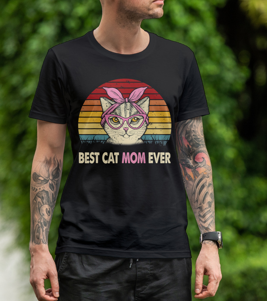 Best Cat Mom Ever Vintage Retro Cat Mama With Glasses And Headscarf T-Shirt