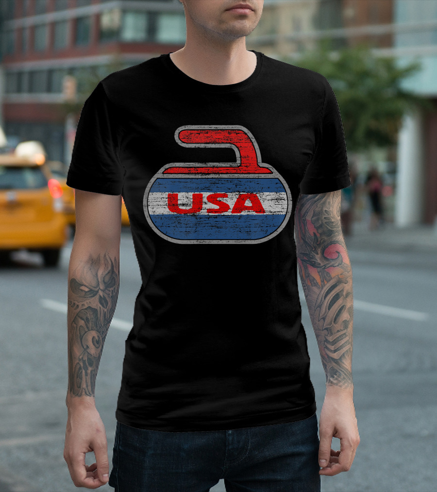 Vintage Distressed Red White and Blue USA Curling Stone T-Shirt