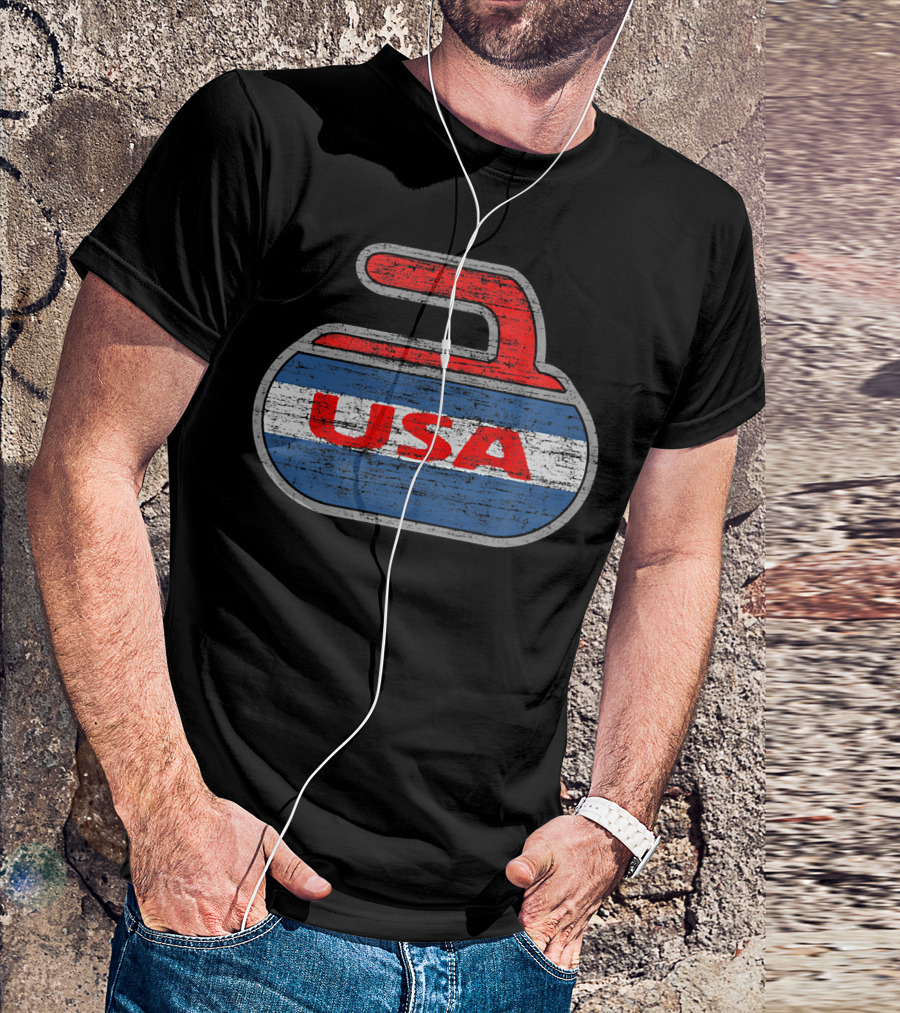 Vintage Distressed Red White And Blue USA Curling Stone T-Shirt