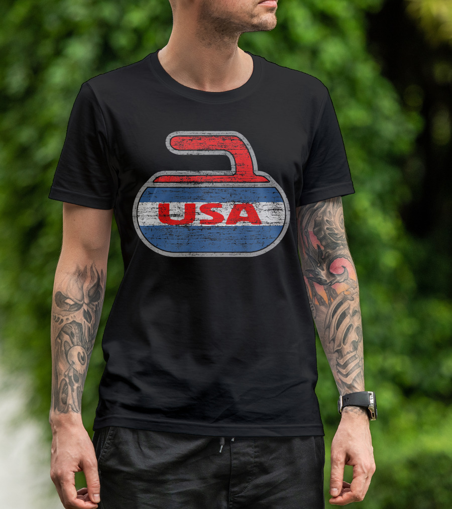 Vintage Distressed Red White And Blue USA Curling Stone T-Shirt