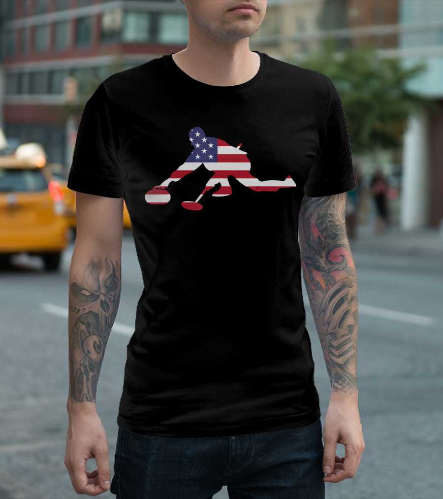 Vintage USA Flag Curling Rock Stone Roarin Player T-Shirt