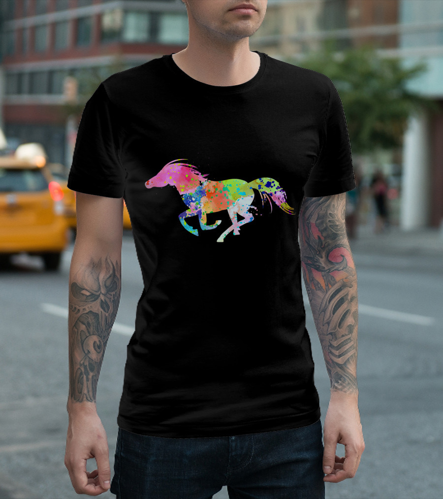 Galloping Horse Equestrian Watercolor Splatter T-Shirt