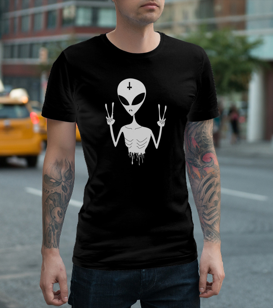 Alien Peace Sign Nu Goth Pastel Dripping Skeleton T-Shirt
