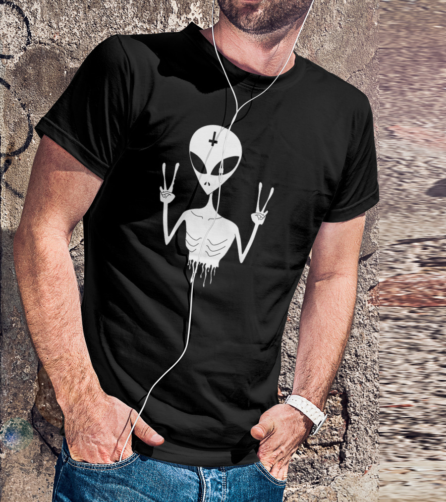 Alien Peace Sign Nu Goth Pastel Dripping Skeleton T-Shirt