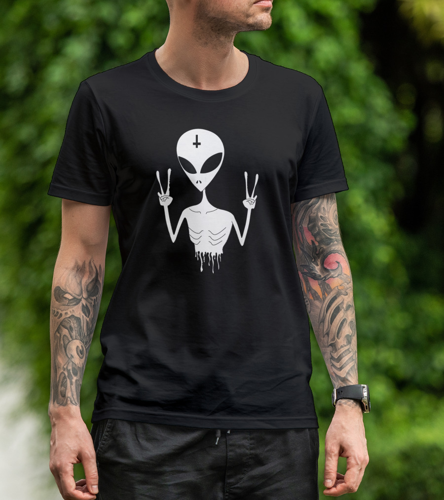 Alien Peace Sign Nu Goth Pastel Dripping Skeleton T-Shirt