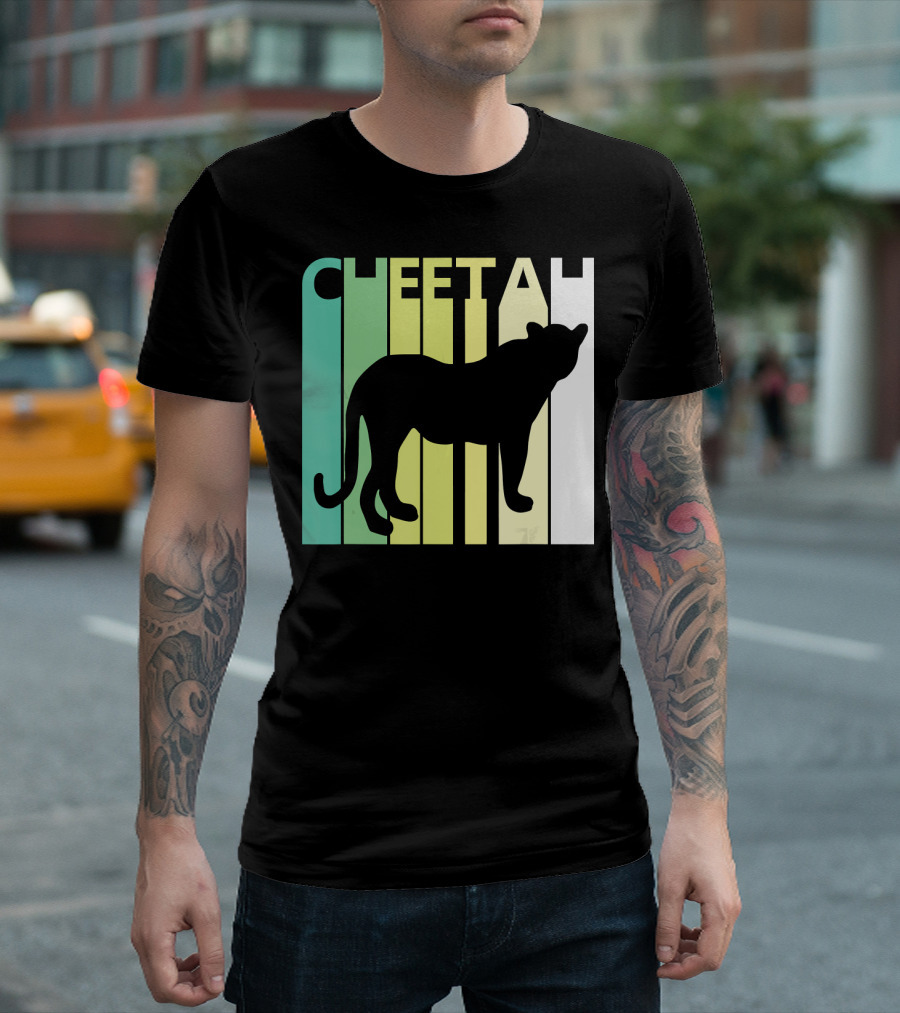Cheetah Silhouette with Green Gradient Stripes Wild Animal T-Shirt