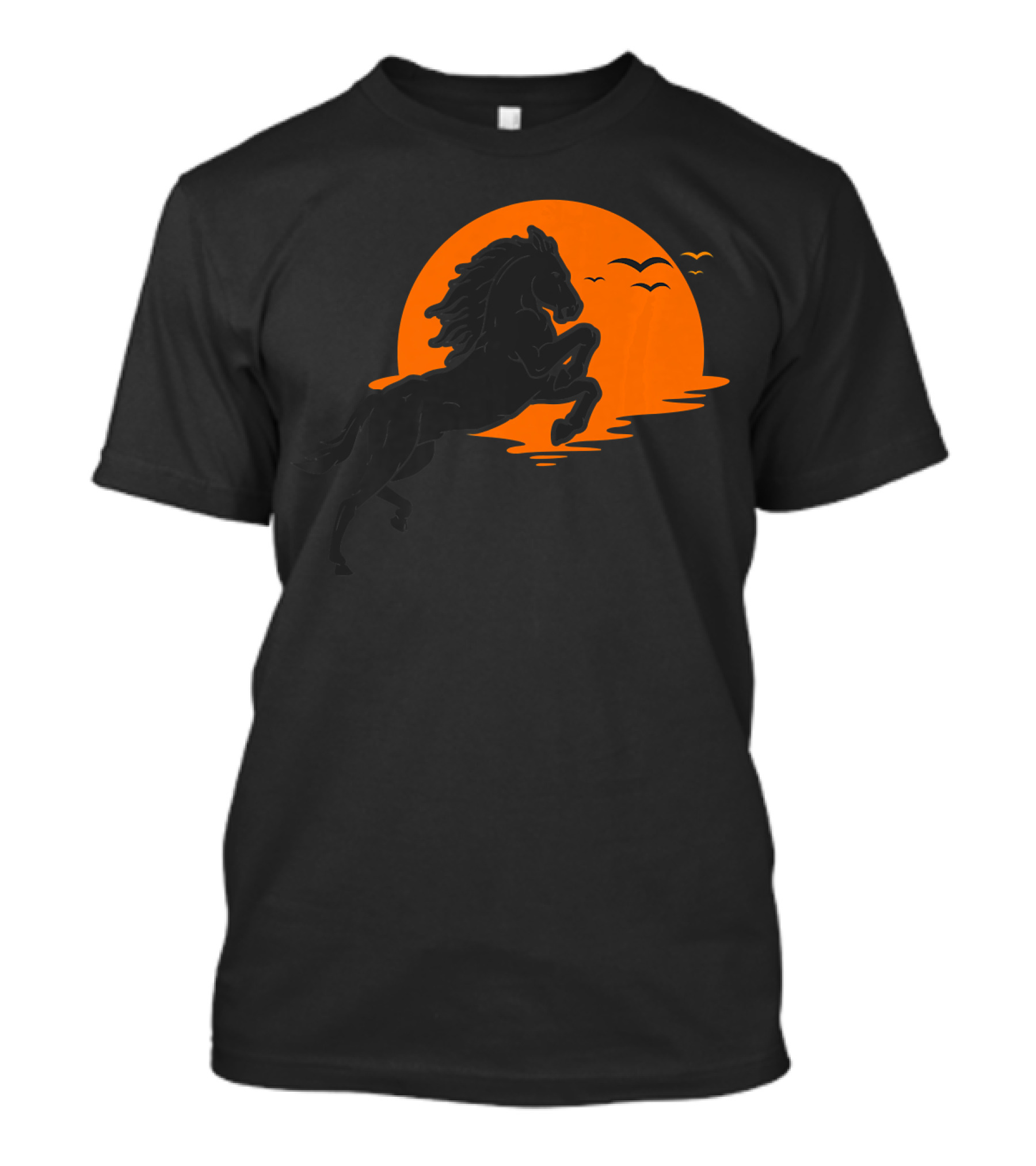 Wild Black Horse Stallion With Sunset Background And Flying Birds T-Shirt