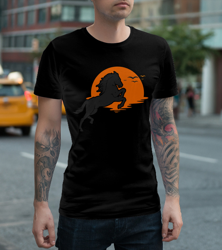 Wild Black Horse Stallion With Sunset Background And Flying Birds T-Shirt