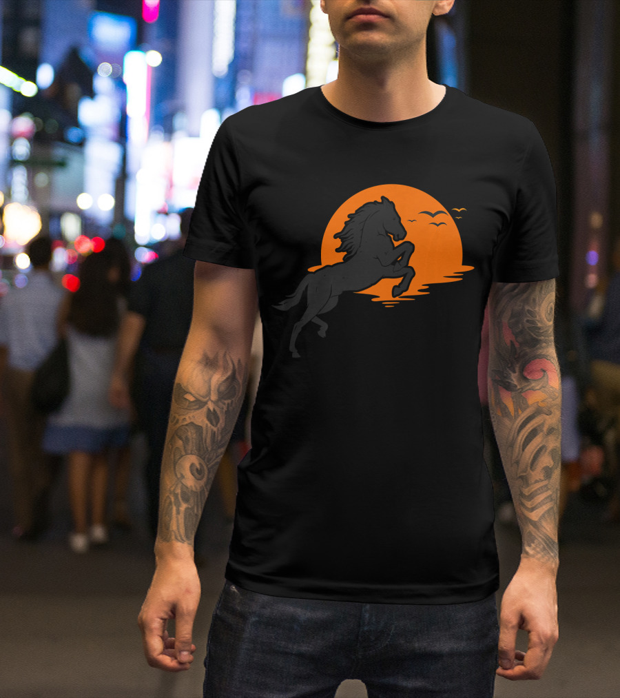 Wild Black Horse Stallion With Sunset Background And Flying Birds T-Shirt