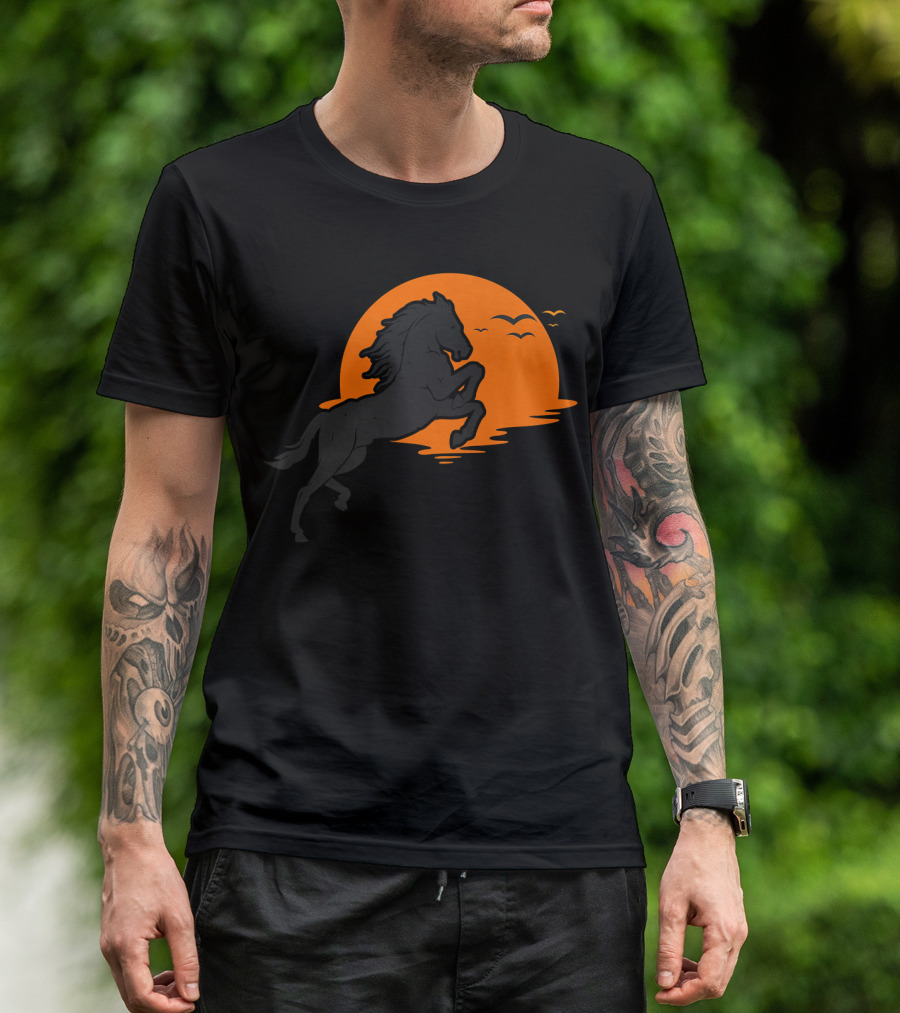 Wild Black Horse Stallion With Sunset Background And Flying Birds T-Shirt