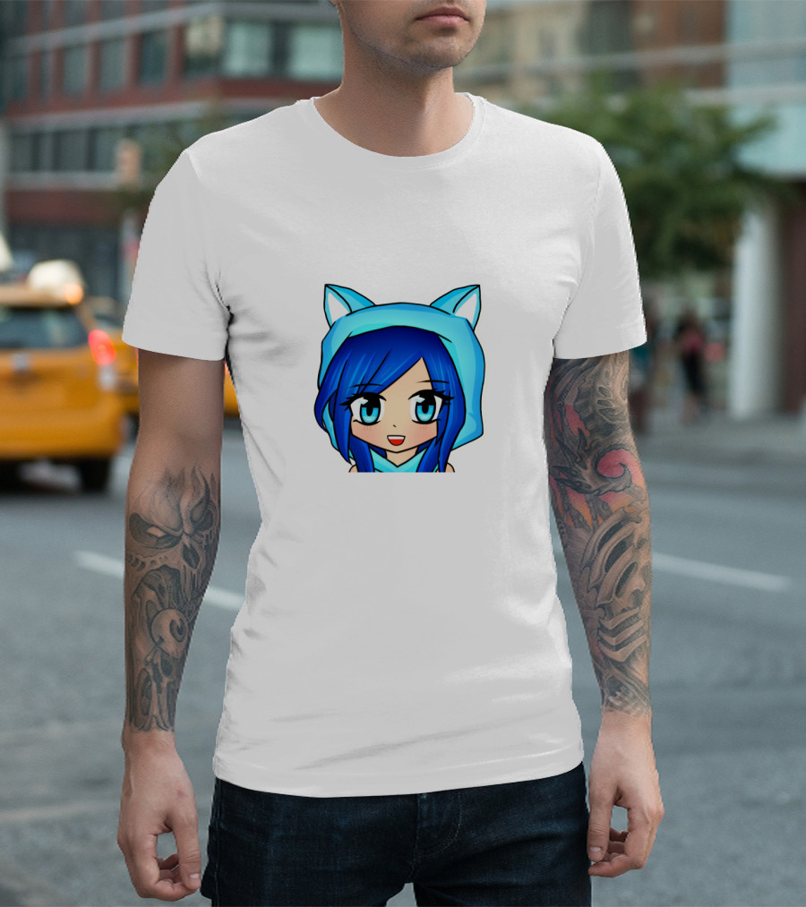 FunnehFunneh Blue-hooded Anime Character with Cat Ears T-Shirt