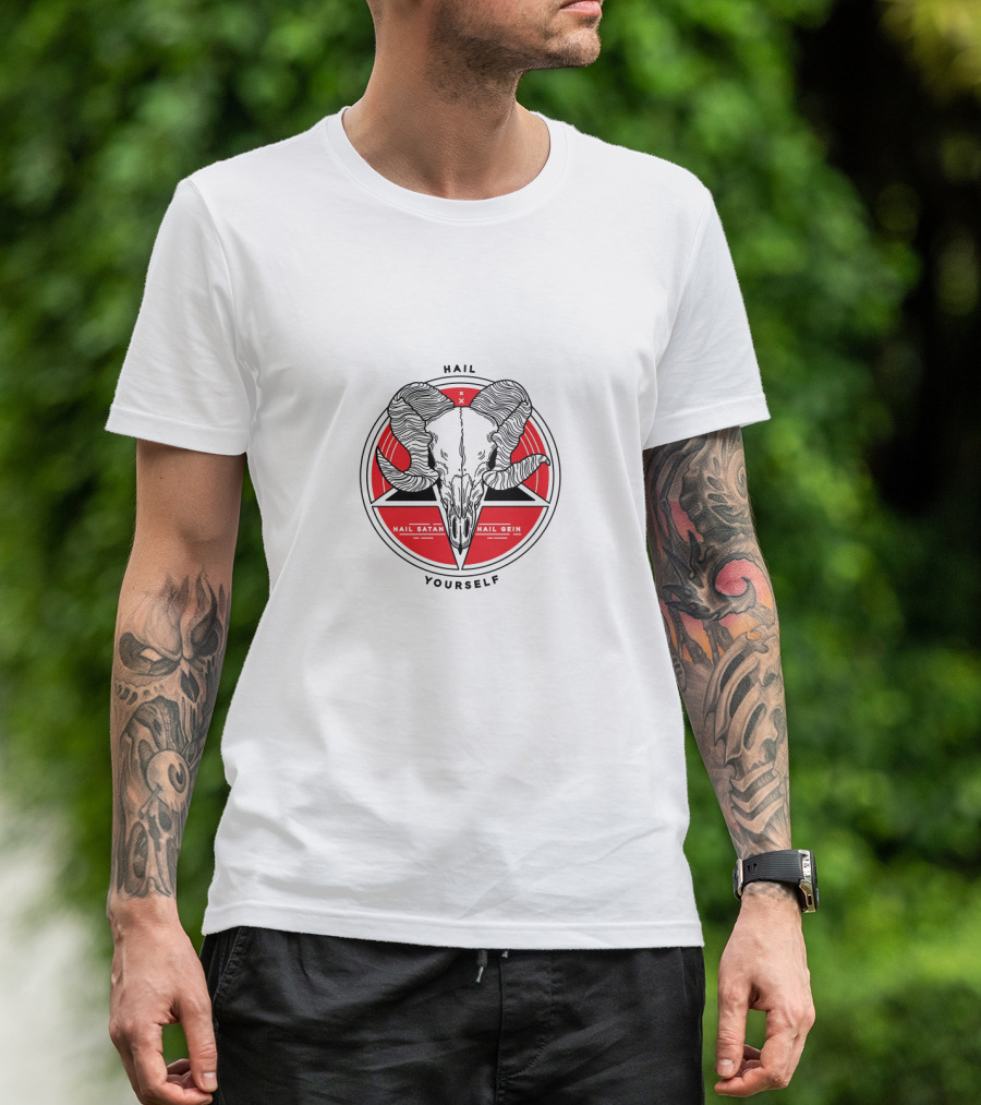 Hail Yourself Last Podcast Hail Satan Hail Gein Ram Skull Red Pentagram T-Shirt