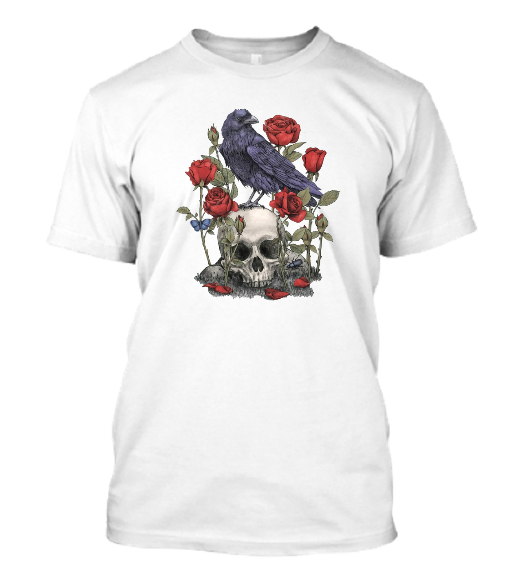 Memento Mori Skull With Raven And Roses T-Shirt