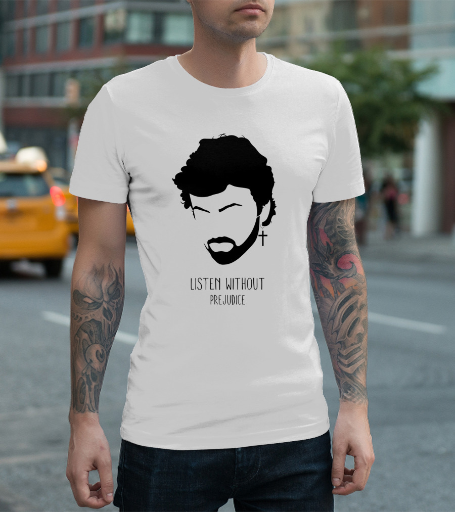 Listen Without Prejudice Graphic with Cross Earring T-Shirt