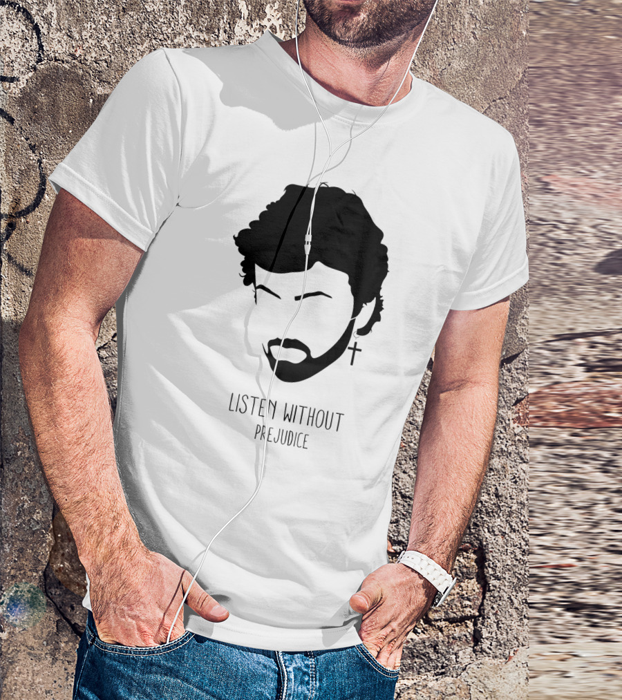 Listen Without Prejudice Graphic With Cross Earring T-Shirt