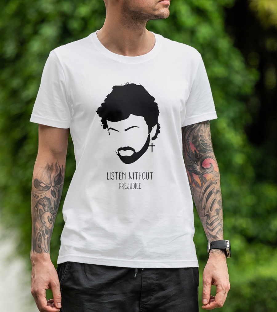 Listen Without Prejudice Graphic With Cross Earring T-Shirt