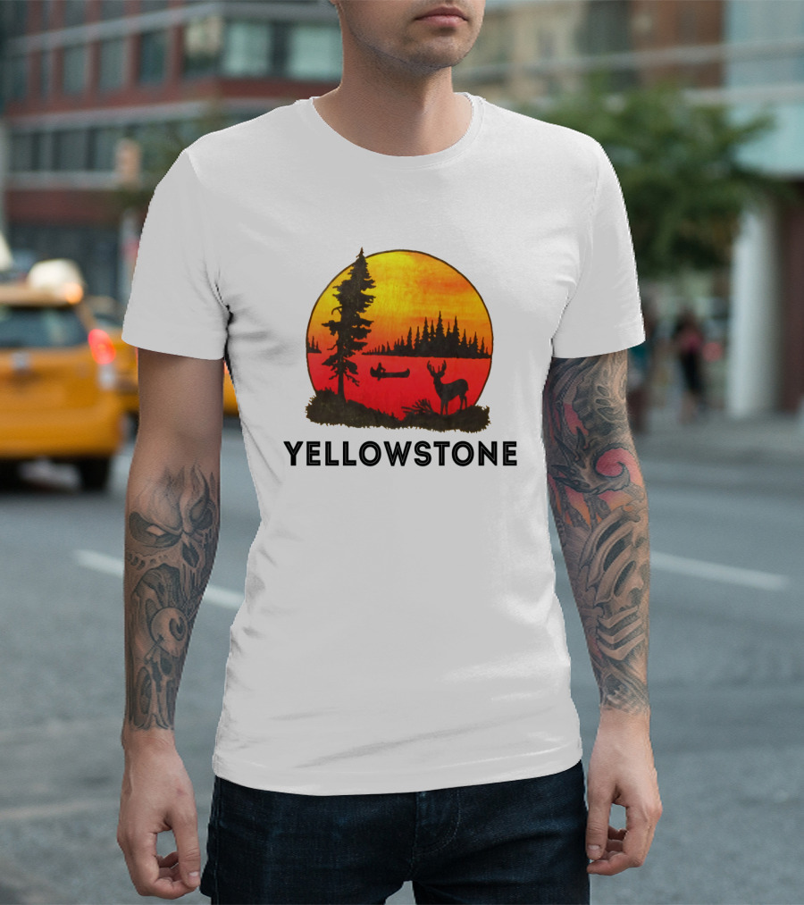 Yellowstone Sunset Scene with Canoe and Deer T-Shirt
