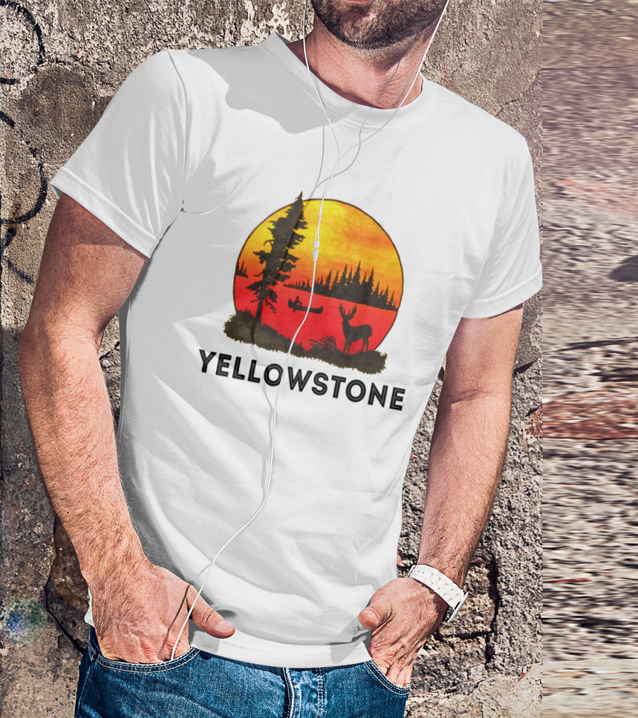 Yellowstone Sunset Scene With Canoe And Deer T-Shirt
