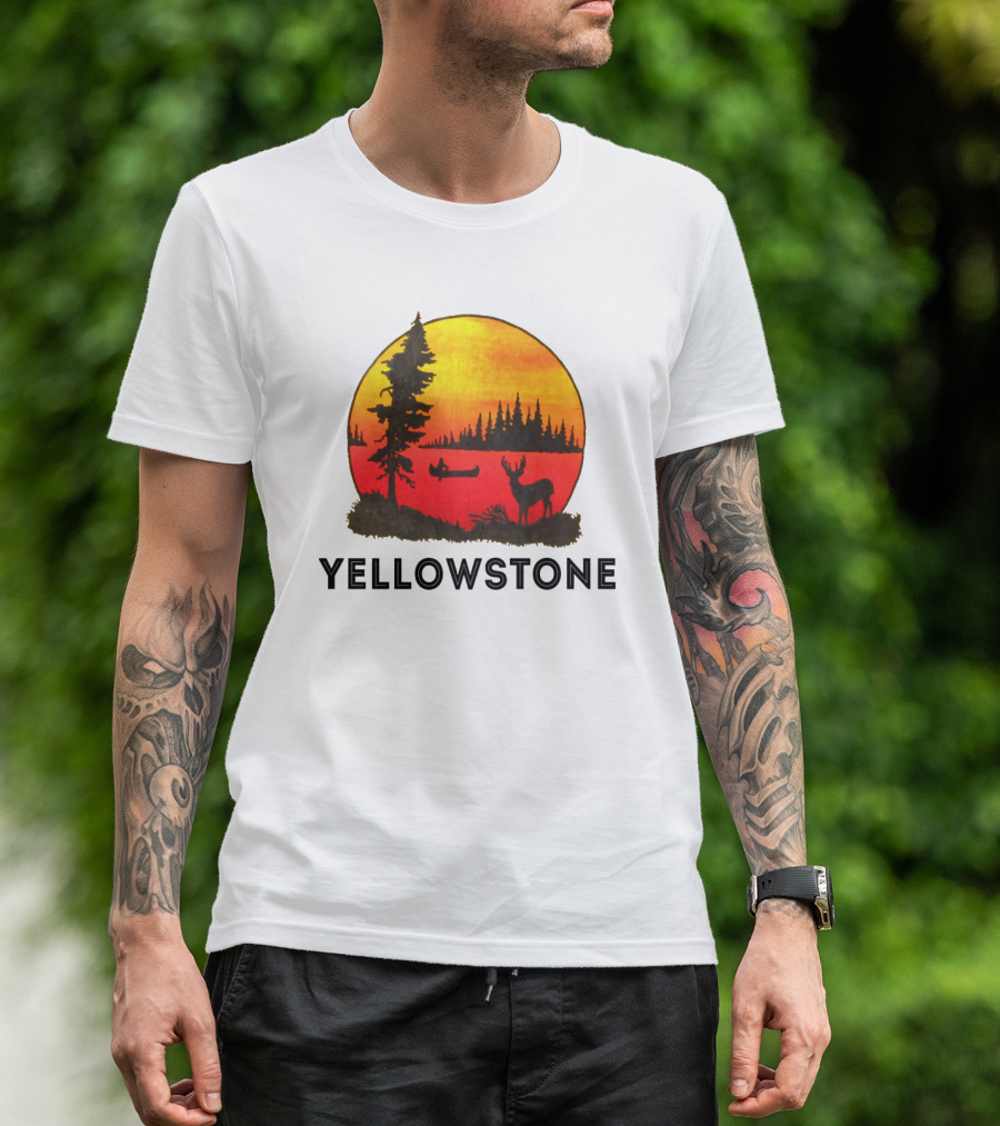 Yellowstone Sunset Scene With Canoe And Deer T-Shirt
