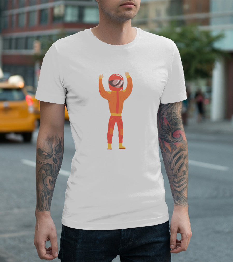 Man in an Orange Racing Suit with Helmet and Raised Arms T-Shirt