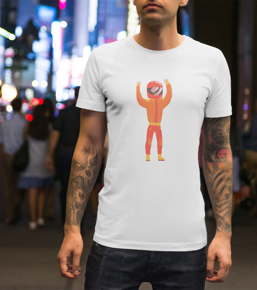 Man In An Orange Racing Suit With Helmet And Raised Arms T-Shirt
