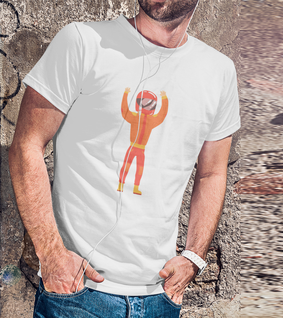 Man In An Orange Racing Suit With Helmet And Raised Arms T-Shirt
