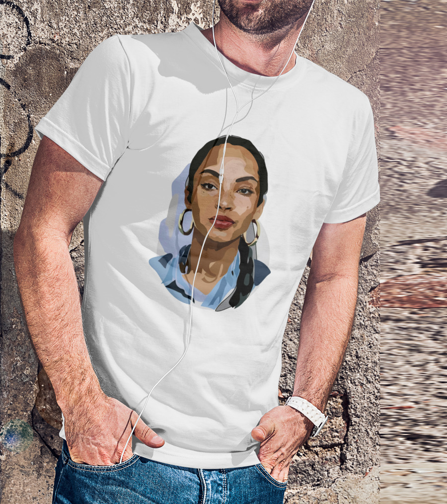 Sade Adu Portrait With Blue Shirt And Hoop Earrings T-Shirt