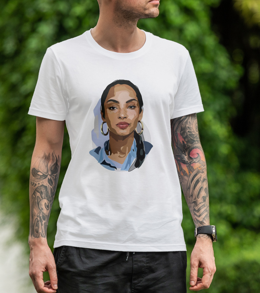 Sade Adu Portrait With Blue Shirt And Hoop Earrings T-Shirt