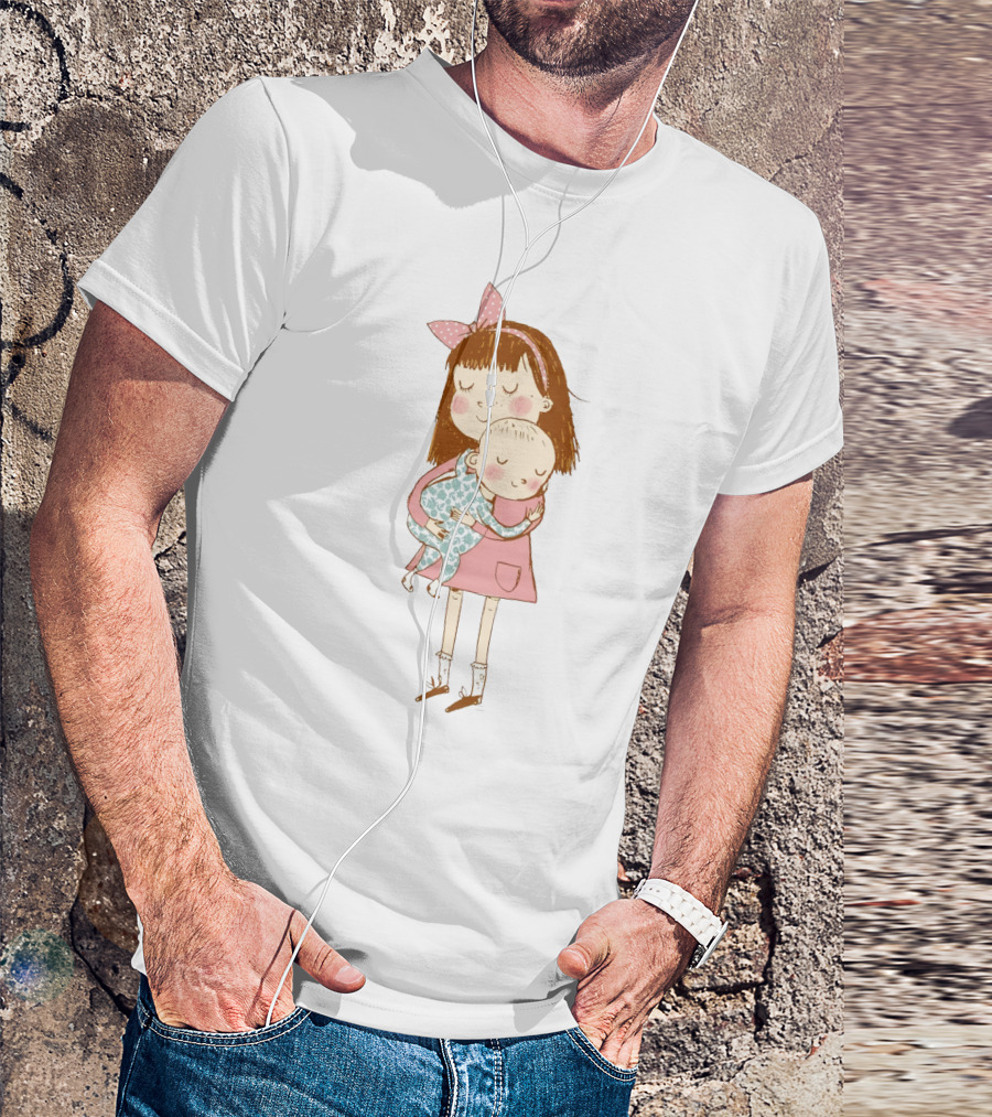 Big Sister Embracing Baby With Pink Bow Matching T-Shirt