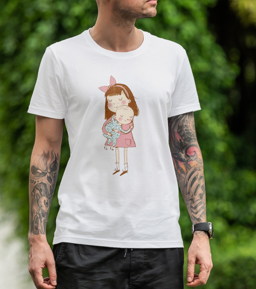 Big Sister Embracing Baby With Pink Bow Matching T-Shirt