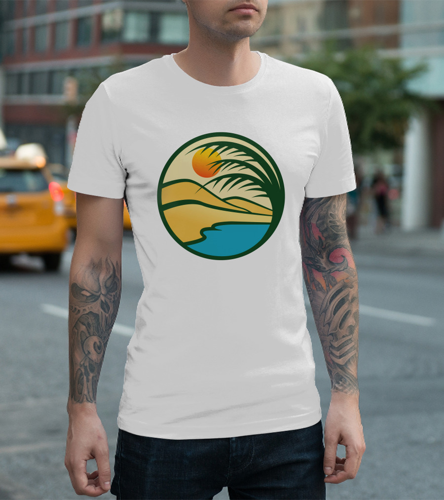 Oasis Desert Sunset with Palm and Water Scene T-Shirt