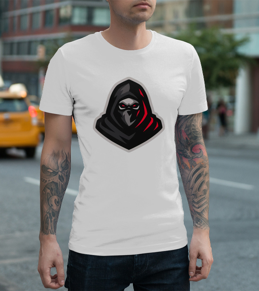 Hooded Black and Red Cloaked Figure with Stealthy Expression T-Shirt
