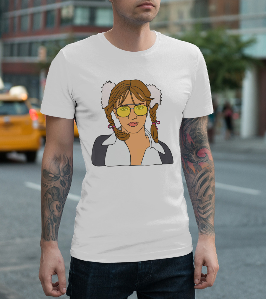 Britney Spears Iconic Schoolgirl Look with Yellow Glasses and Braids T-Shirt