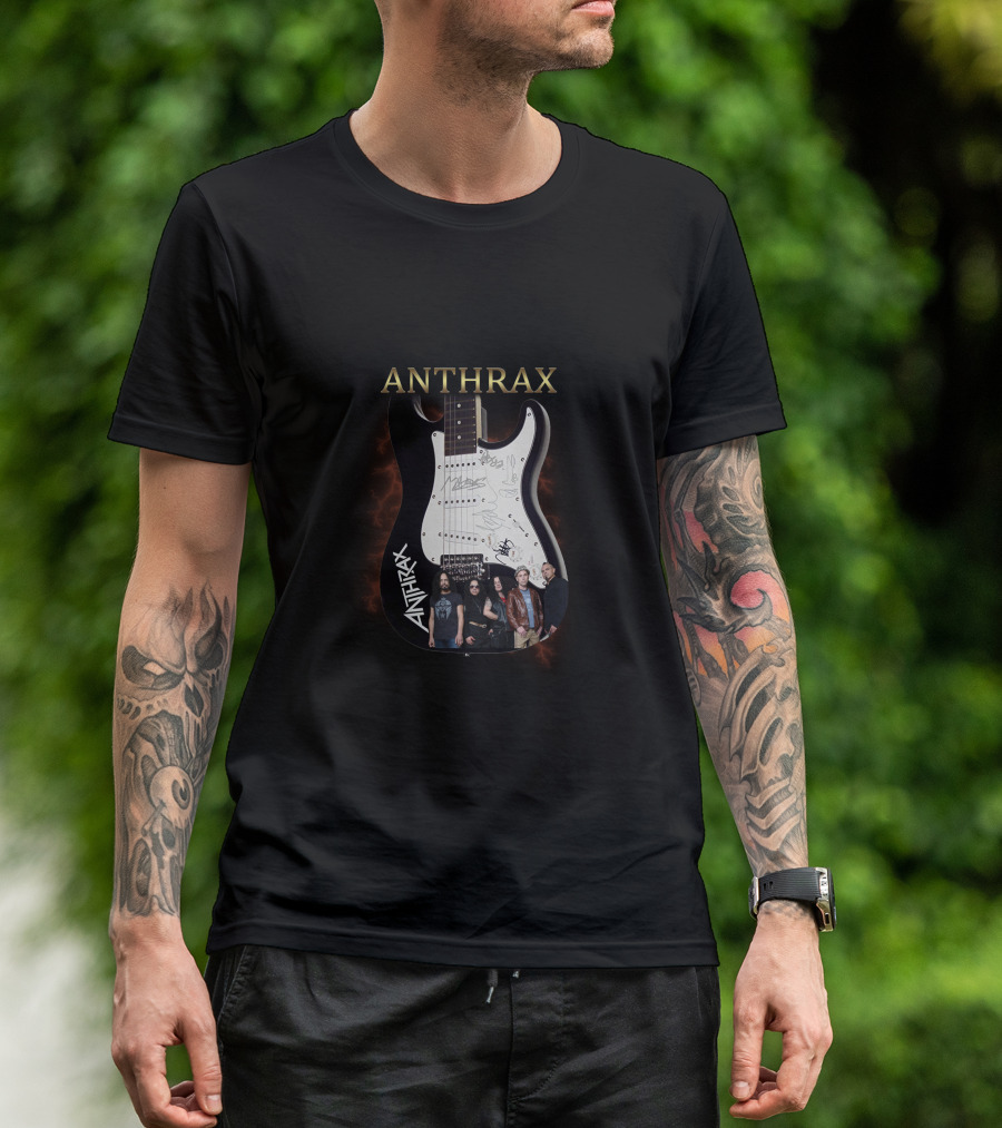 ANTHRAX Band Members Signatures On Electric Guitar T-Shirt