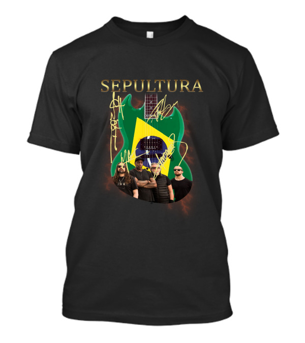 SEPULTURA Brazil Flag Guitar With Band Signatures T-Shirt