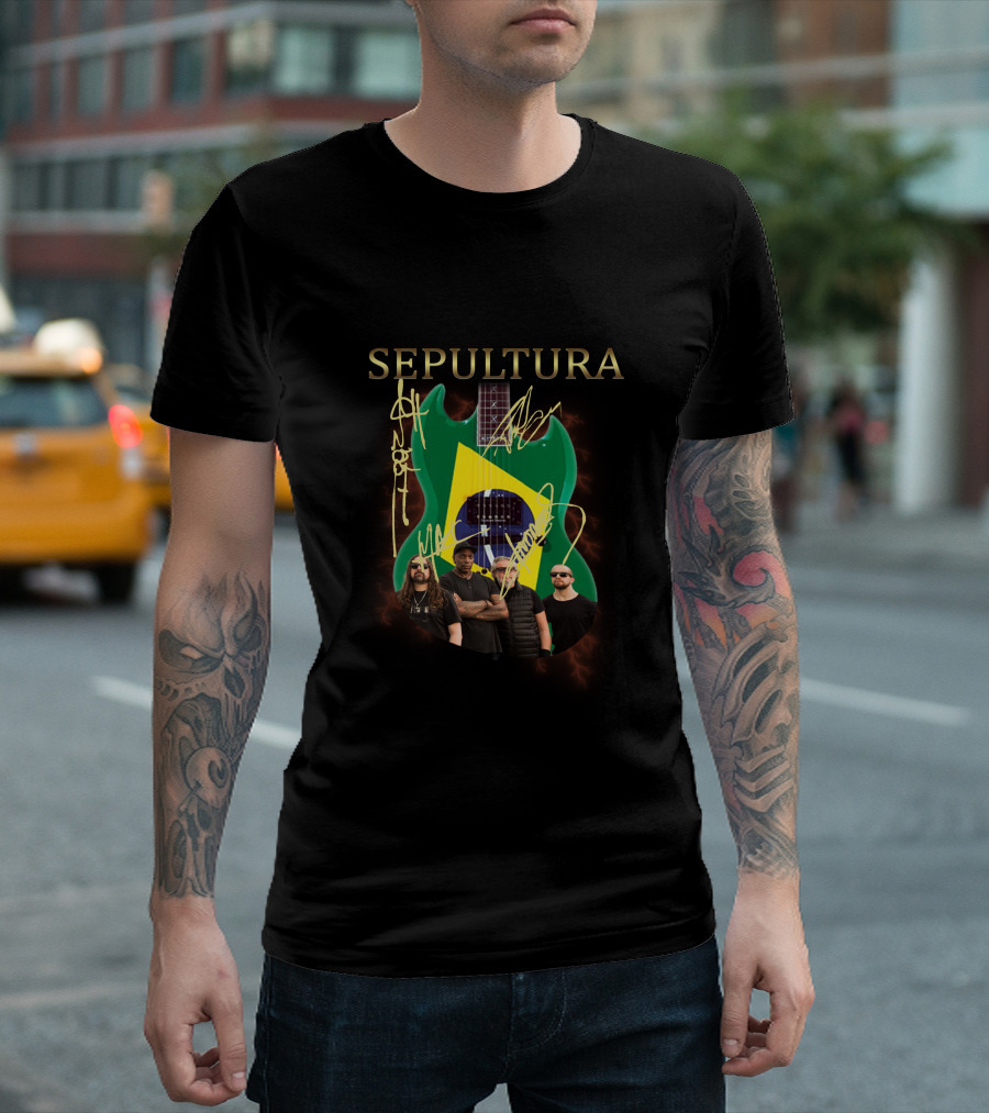 SEPULTURA Brazil Flag Guitar With Band Signatures T-Shirt
