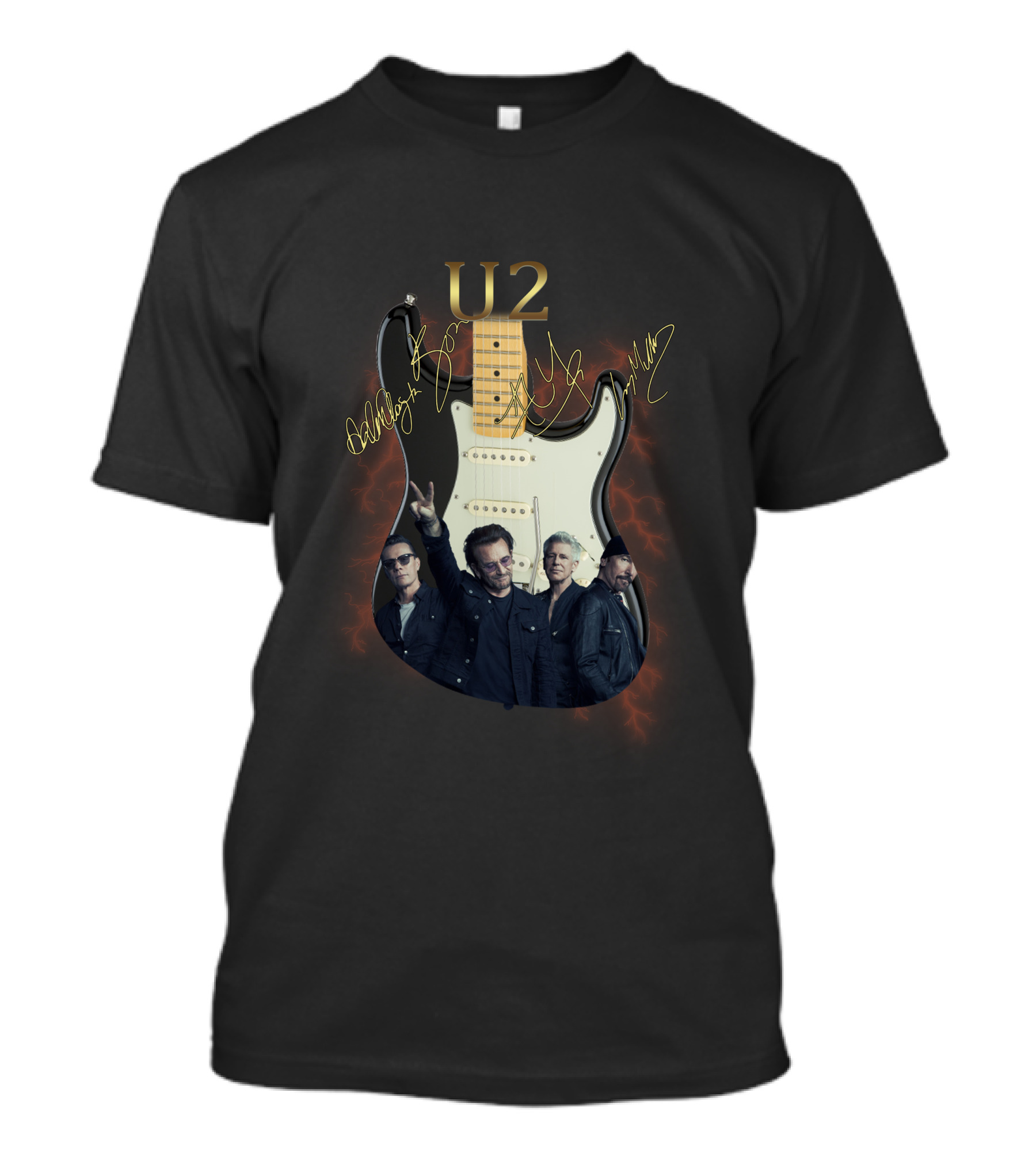 U2 Signed Electric Guitar With Band Image T-Shirt