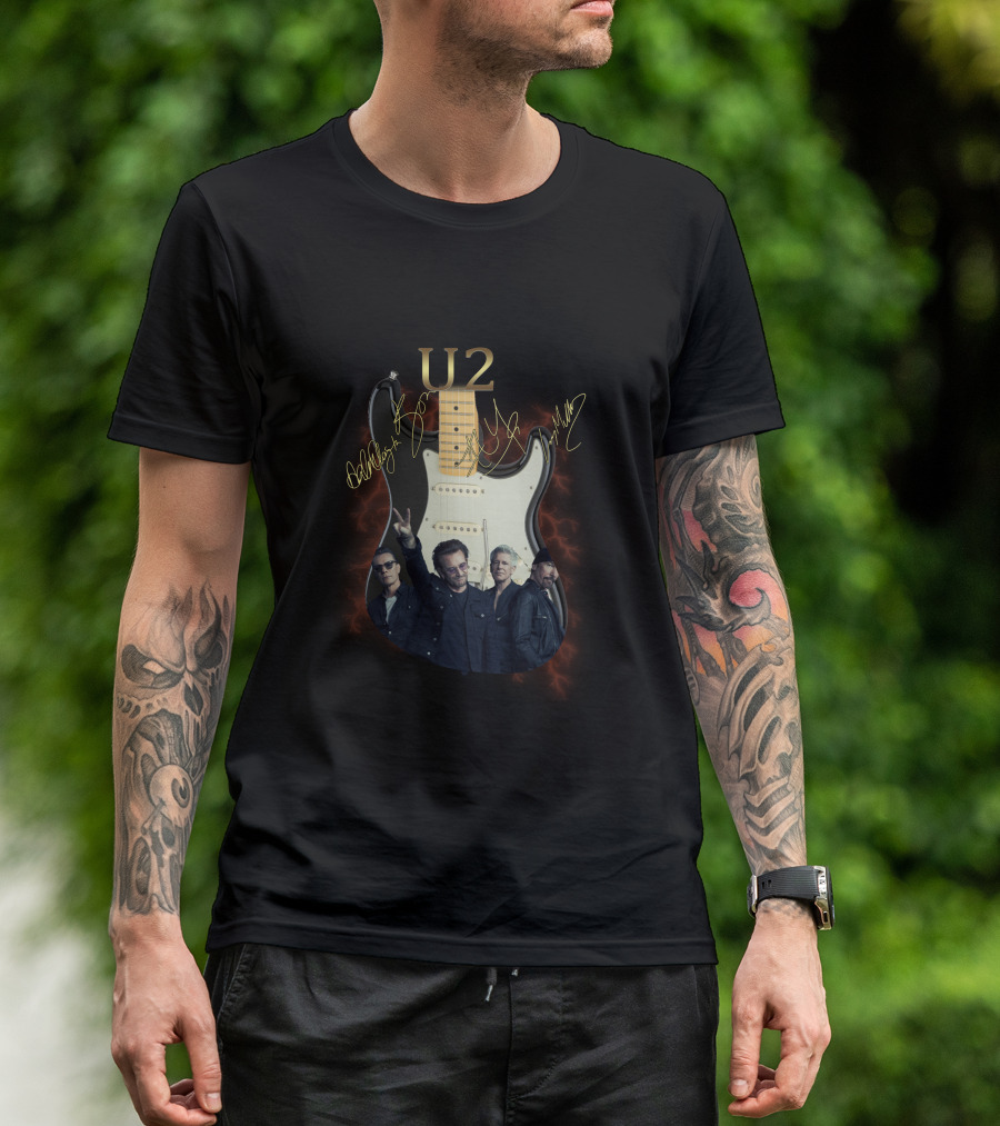 U2 Signed Electric Guitar With Band Image T-Shirt
