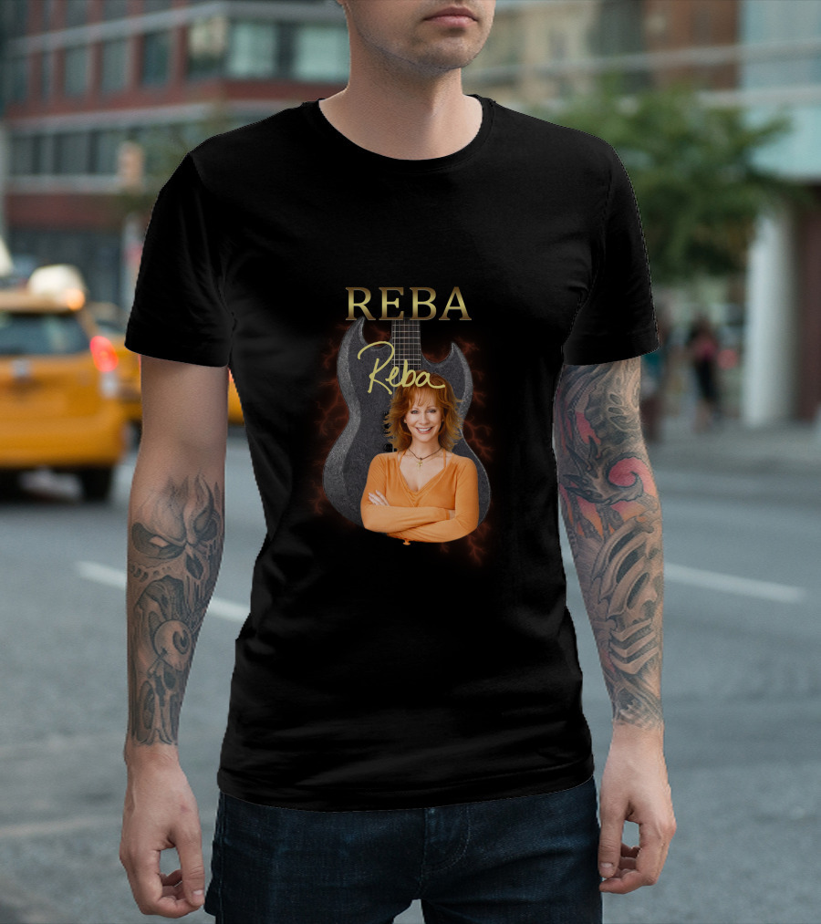REBA Signature Guitar With Portrait On Black Electric Background T-Shirt