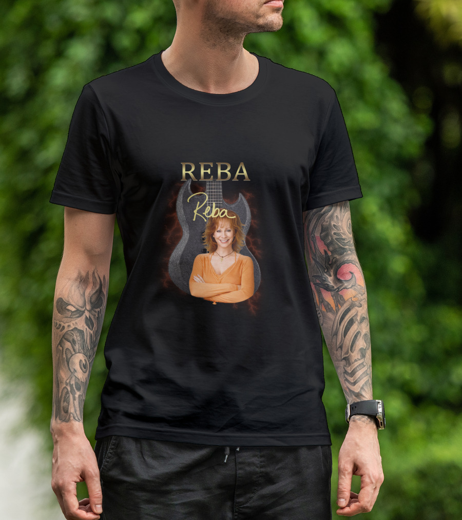 REBA Signature Guitar With Portrait On Black Electric Background T-Shirt