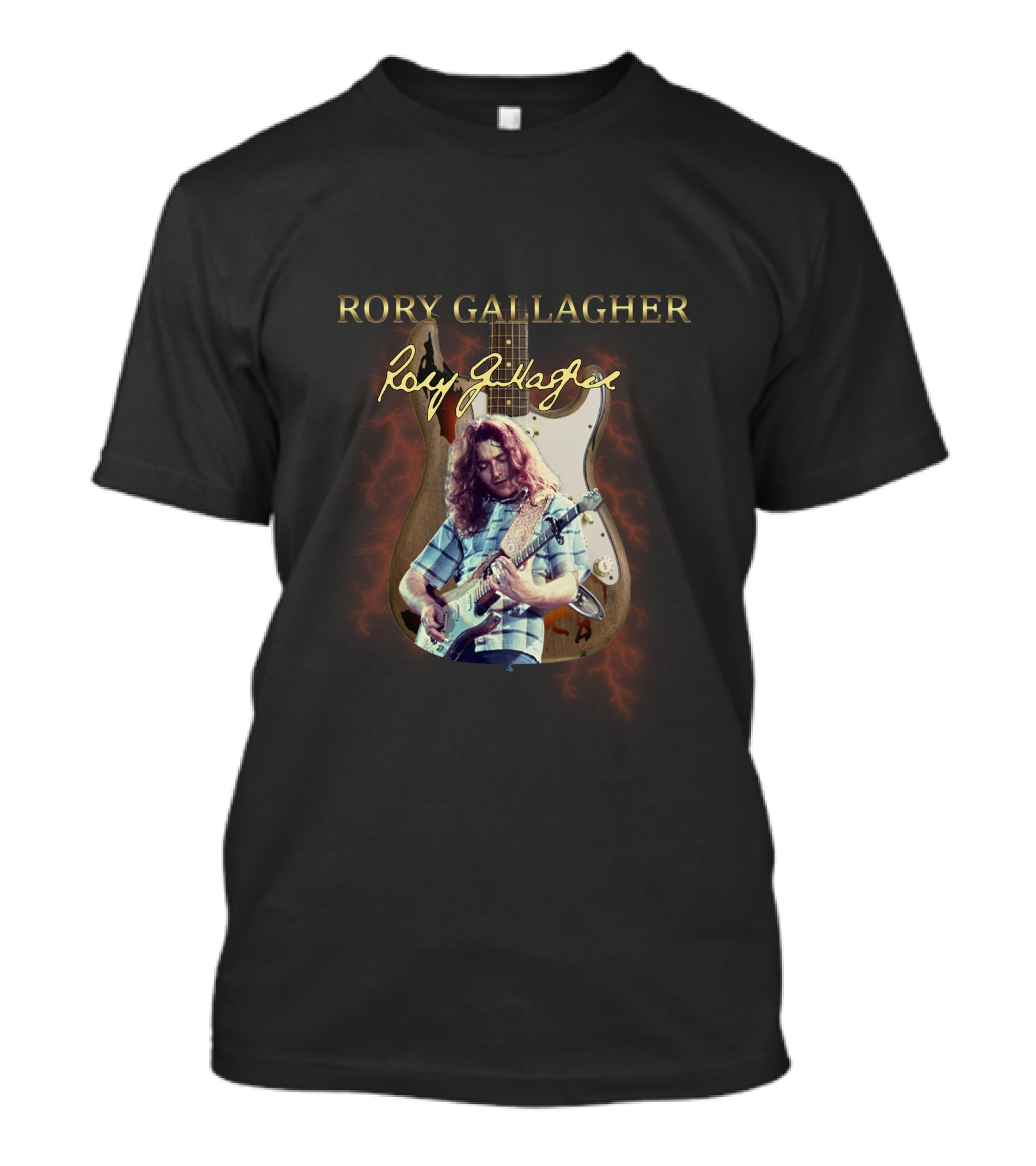 Rory Gallagher Signature Guitar With Lightning And Performer Image T-Shirt