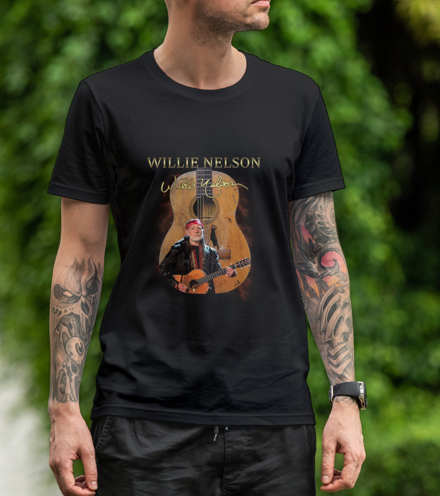 WILLIE NELSON Signature Guitar Image With Willie Playing T-Shirt