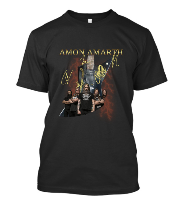 Amon Amarth Band Signatures With Guitar And Group Photo T-Shirt