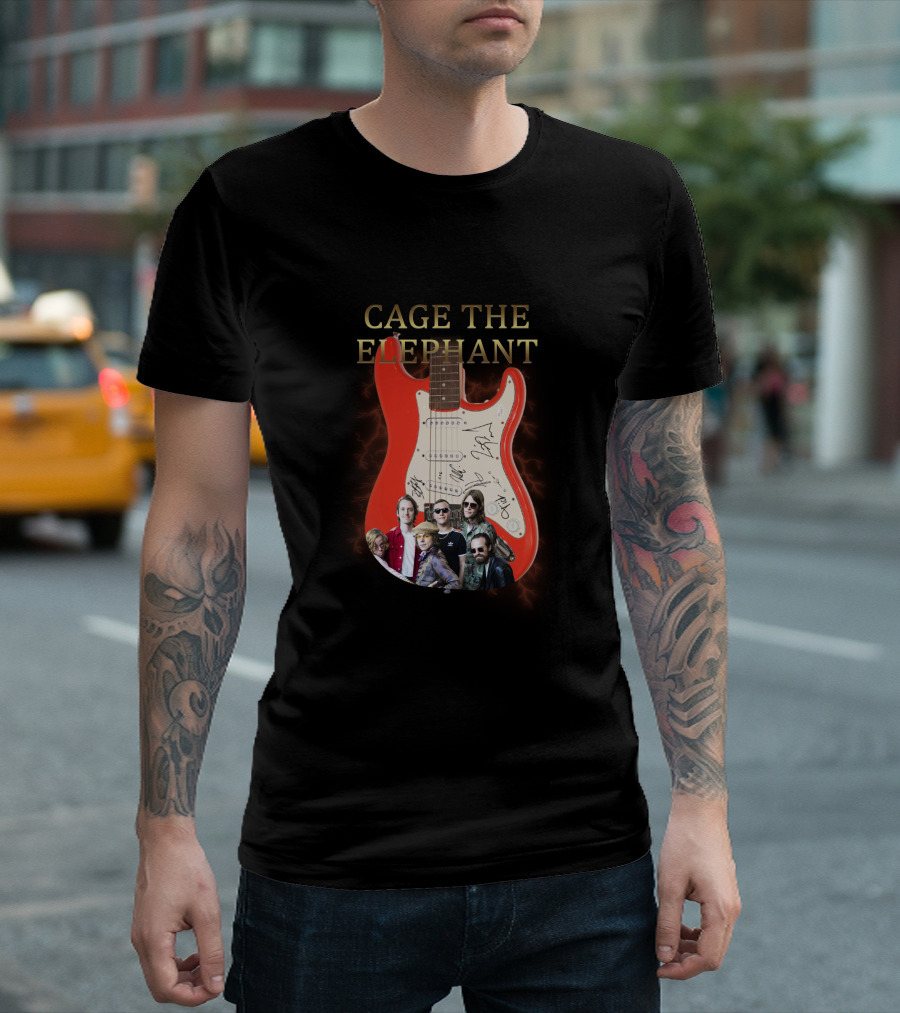 Cage The Elephant Red Electric Guitar Signatures and Band Montage T-Shirt